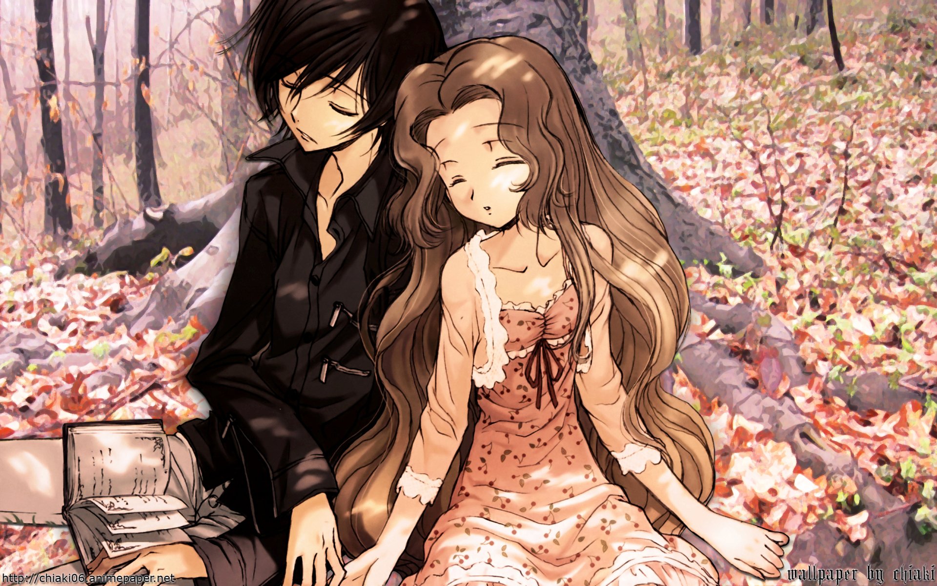 Lelouch Lamperouge and Nunnally Lamperouge from Code Geass rest peacefully together in an autumn forest, captured in an anime HD desktop wallpaper.
