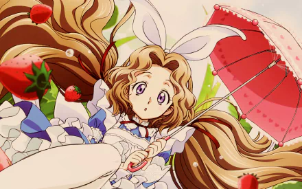 Nunnally Lamperouge (Code Geass) anime HD PC wallpaper/background: wide-eyed Nunnally in a frilly white dress with bunny-ear headband, clutching a pink parasol among floating strawberries.