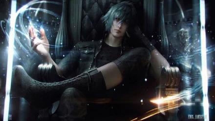 HD desktop wallpaper featuring Noctis Lucis Caelum from the video game Final Fantasy XV, showing Noctis sitting on a throne with a magical effect in his hand.