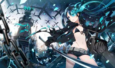 HD desktop wallpaper featuring Hatsune Miku in an intense anime style, with a Black Rock Shooter aesthetic. The character wields a sword against a futuristic, chaotic backdrop.