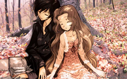 Lelouch Lamperouge and Nunnally Lamperouge from Code Geass rest peacefully together in an autumn forest, captured in an anime HD desktop wallpaper.
