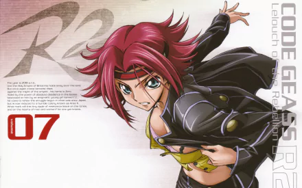 Kallen Kōzuki (Code Geass) in a dynamic anime pose, red hair and leather jacket - vibrant 4K Ultra HD PC desktop wallpaper background.