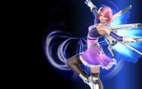 Alisa Bosconovitch from Tekken 7 strikes a playful pose in a purple dress and thigh-highs, showcasing her pink hair, gloves, and high heels against a dynamic background.