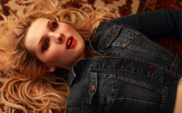A high-definition desktop wallpaper featuring celebrity Abigail Breslin, portraying her with long blonde hair and a denim jacket, set against a richly patterned background.