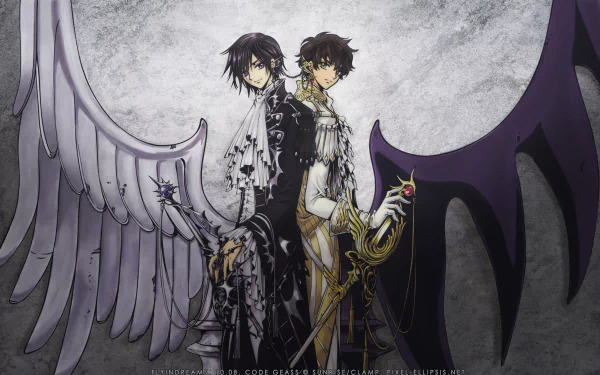 HD desktop wallpaper featuring Suzaku Kururugi and Lelouch Lamperouge from the anime Code Geass. The image shows the characters standing back to back with contrasting dark and light wings.