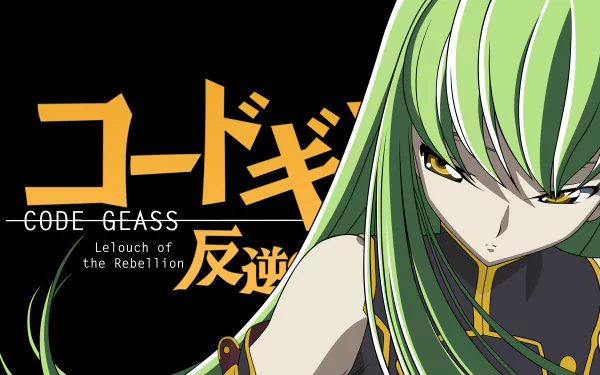 C.C. from Code Geass depicted in vibrant anime style with green hair and yellow eyes against a black background, featured in a 4K Ultra HD PC desktop wallpaper.