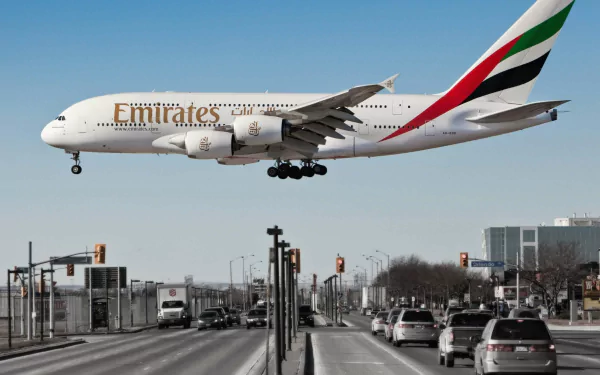 An Airbus A380 belonging to Emirates descends above a busy street, showcasing its impressive size and design in a vibrant HD wallpaper setting.