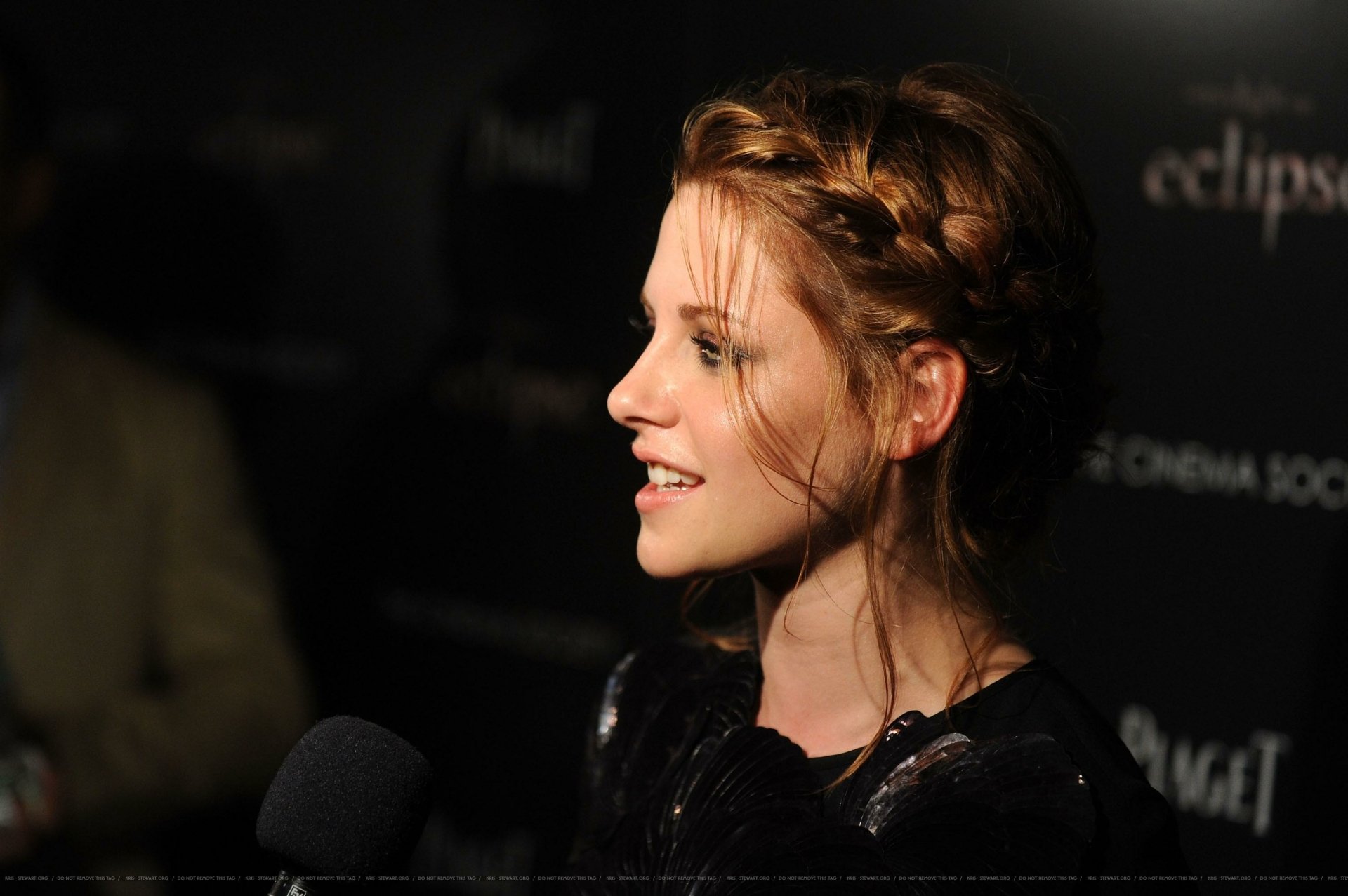 HD PC desktop wallpaper featuring a close-up profile of celebrity Kristen Stewart with braided hair against a dark background.
