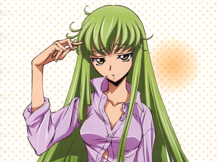 HD anime desktop wallpaper featuring C.C. from Code Geass with long green hair and a confident expression against a soft polka dot background.
