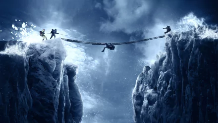 4K Ultra HD PC desktop wallpaper featuring a dramatic scene from the movie Everest with climbers crossing a precarious rope bridge between snowy mountain cliffs.
