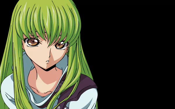4K Ultra HD PC desktop wallpaper featuring C.C. from the anime Code Geass with striking green hair and intense eyes in a close-up portrait.