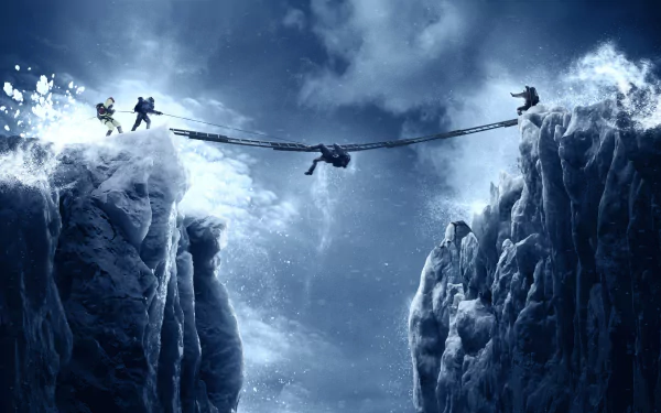 4K Ultra HD PC desktop wallpaper featuring a dramatic scene from the movie Everest with climbers crossing a precarious rope bridge between snowy mountain cliffs.