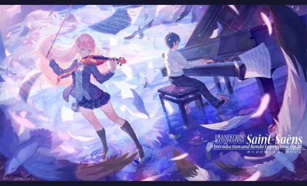 HD desktop wallpaper featuring Kousei Arima playing piano and Kaori Miyazono playing violin from the anime Your Lie in April, surrounded by floating music sheets and vibrant colors.