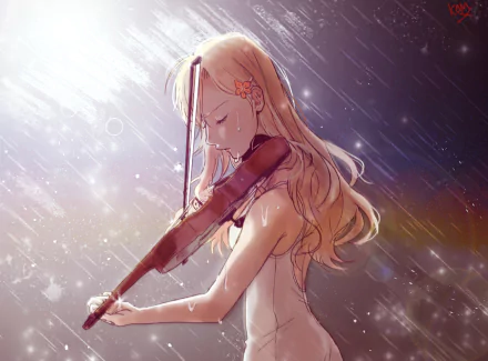 HD desktop wallpaper of Kaori Miyazono from the anime Your Lie in April, depicting her passionately playing the violin amidst a soft, radiant background.