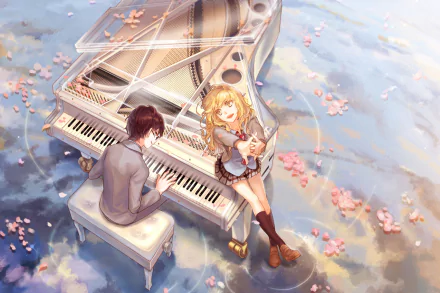 Anime HD desktop wallpaper featuring Kaori Miyazono and Kousei Arima from Your Lie in April. Kaori is sitting on a grand piano lid while Kousei plays, surrounded by cherry blossom petals.