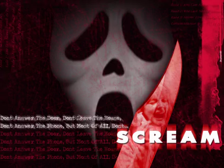 HD PC desktop wallpaper of Scream (Movie): close-up Ghostface mask, bloodied knife and red-black textured background with the SCREAM title.