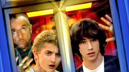 HD PC desktop wallpaper from the movie Bill & Ted's Excellent Adventure: two bewildered young men and an older man squeezed inside a glowing time-travel phone booth.
