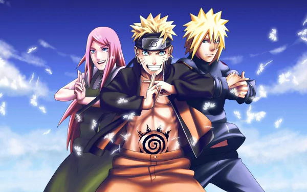 HD wallpaper featuring Minato Namikaze, Kushina Uzumaki, and Naruto Uzumaki from the anime Naruto, set against a bright, cloud-filled sky.
