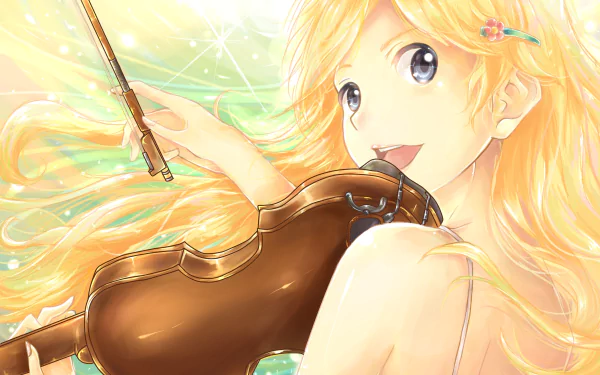 A vibrant HD wallpaper featuring Kaori Miyazono from the anime Your Lie in April, capturing her joyful expression as she plays the violin against a dreamy background.