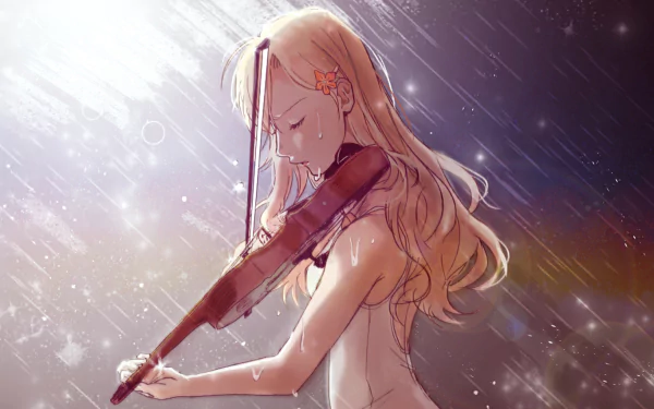 HD desktop wallpaper of Kaori Miyazono from the anime Your Lie in April, depicting her passionately playing the violin amidst a soft, radiant background.