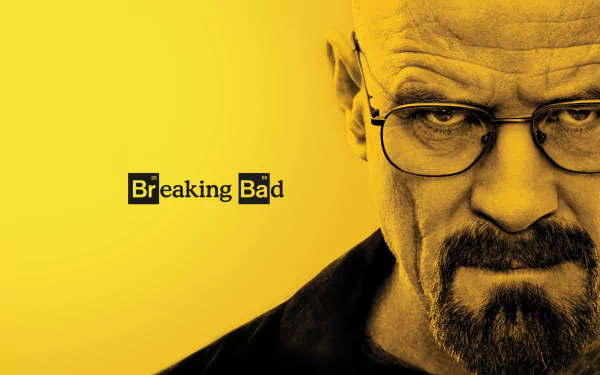 A dramatic HD wallpaper featuring Bryan Cranston as Walter White from the TV show Breaking Bad, set against a striking yellow background.