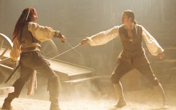 Will Turner Orlando Bloom Jack Sparrow Johnny Depp movie Pirates Of The Caribbean: The Curse Of The Black Pearl HD Desktop Wallpaper | Background Image