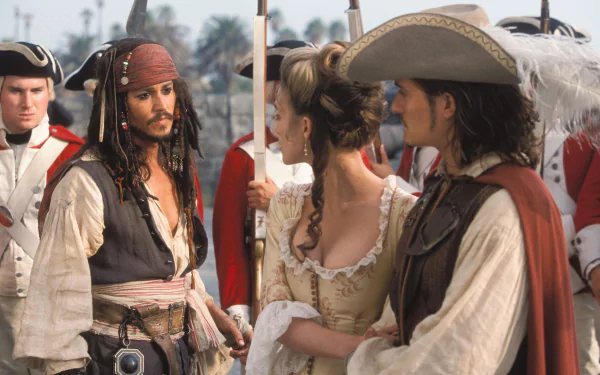 HD desktop wallpaper featuring Johnny Depp as Jack Sparrow, Orlando Bloom as Will Turner, and Keira Knightley as Elizabeth Swann from Pirates of the Caribbean: The Curse of the Black Pearl.