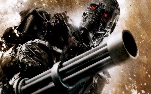 HD PC desktop wallpaper background from the movie Terminator Salvation: Terminator endoskeleton with glowing red eyes firing a minigun amid sparks and debris.