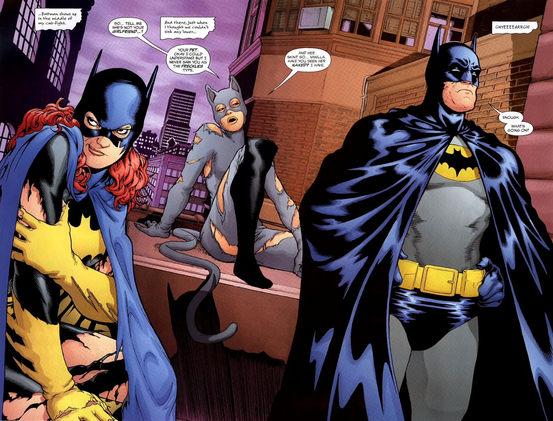 HD comic wallpaper featuring Batman, Batgirl, and Catwoman in a rooftop scene, showcasing their classic costumes and dynamic poses.