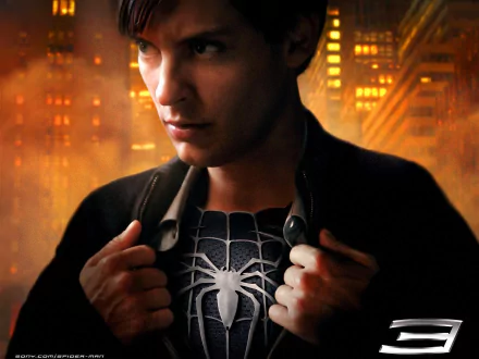 A high-definition desktop wallpaper featuring Tobey Maguire as Peter Parker revealing his black Spider-Man suit from the movie Spider-Man 3, set against a backdrop of a cityscape at dusk.