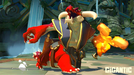 HD desktop wallpaper featuring an imposing animated character with red skin and fiery fists from the game Gigantic.