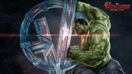 A striking HD wallpaper featuring the Hulk from Avengers: Age of Ultron, showcasing his powerful stance against a vibrant Avengers logo backdrop.