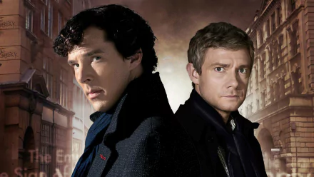 A dramatic HD wallpaper featuring iconic characters from the TV show Sherlock, set against a moody urban backdrop that captures the essence of the series.