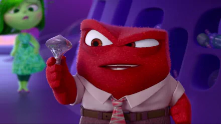 HD PC desktop wallpaper from the movie Inside Out showing Anger (Inside Out) holding a shiny gem, with Disgust (Inside Out) blurred in the purple background.
