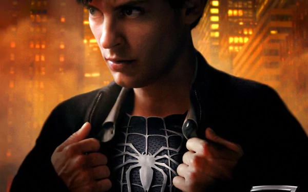 A high-definition desktop wallpaper featuring Tobey Maguire as Peter Parker revealing his black Spider-Man suit from the movie Spider-Man 3, set against a backdrop of a cityscape at dusk.