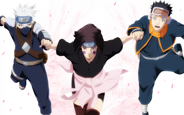 HD desktop wallpaper of Obito Uchiha, Rin Nohara, and Kakashi Hatake from the anime Naruto, showing the three characters together.