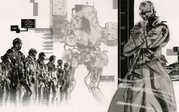 HD PC desktop wallpaper: grayscale Metal Gear Solid art with Snake at right, a line of soldiers left and a silhouetted mech center, overlaid glitchy HUD elements.