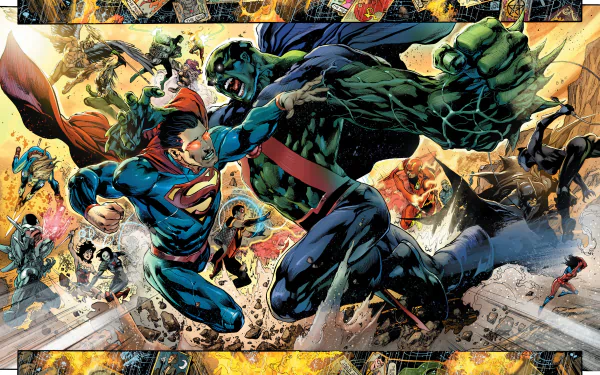 4K Ultra HD comic wallpaper featuring an intense battle scene from Trinity War with iconic superheroes in dynamic action poses.