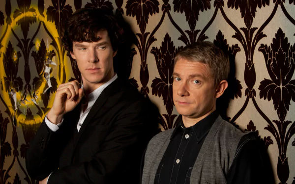 A striking HD wallpaper from the TV show Sherlock, featuring the iconic characters posed against an ornate, patterned wall, capturing their intriguing personalities and dynamic.