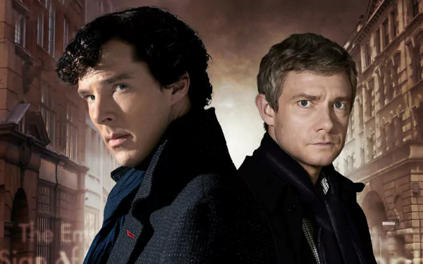 A dramatic HD wallpaper featuring iconic characters from the TV show Sherlock, set against a moody urban backdrop that captures the essence of the series.