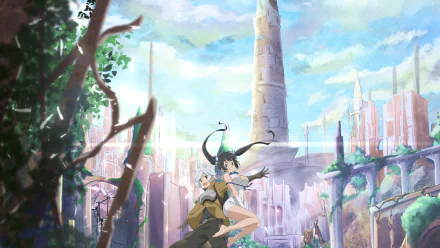 A vibrant HD wallpaper featuring Hestia and Bell Cranel from Is It Wrong to Try to Pick Up Girls in a Dungeon?, set against a fantastical backdrop of a towering structure and lush scenery.