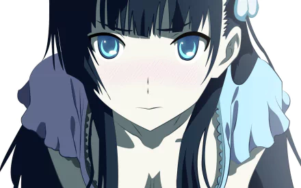 A captivating HD wallpaper featuring Rea Sanka from the anime Sankarea, showcasing her striking blue eyes and a subtle blush, set against a minimalist background.