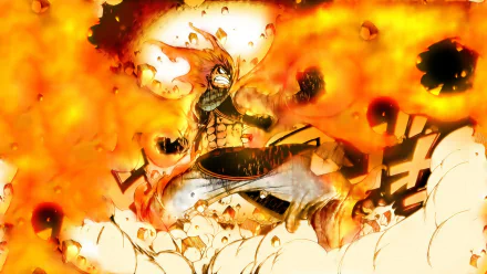A dynamic HD wallpaper featuring Natsu Dragneel from the anime Fairy Tail, engulfed in flames, showcasing his fiery powers in an intense battle scene.