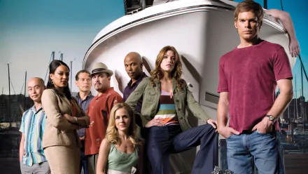 HD PC desktop wallpaper for the TV show Dexter showing an ensemble of characters posed before a white boat against a blue sky.