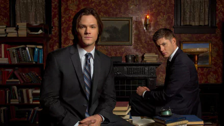 Two characters from the TV show Supernatural pose in a vintage room filled with books. One sits confidently in a suit, while the other looks contemplative in the background.