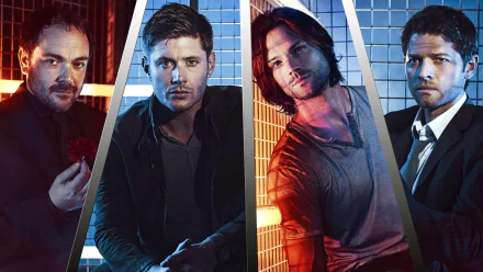 HD desktop wallpaper featuring characters from the TV show 'Supernatural,' showcasing four individuals in a dramatic, grid-like arrangement with varying light tones reflecting their intense expressions.