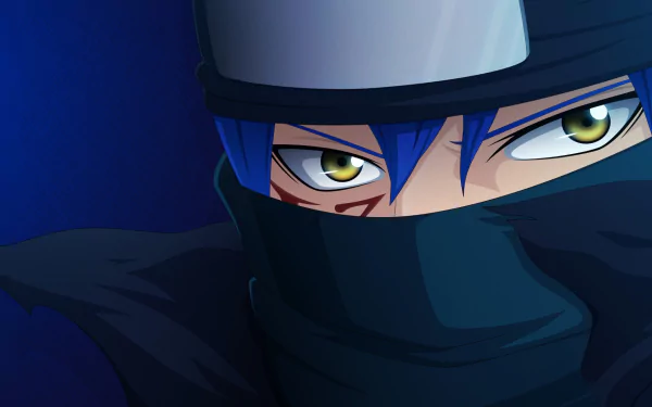 HD desktop wallpaper featuring Mystogan from the anime Fairy Tail. The close-up image captures Mystogan's intense gaze with his face mostly covered, set against a deep blue background.