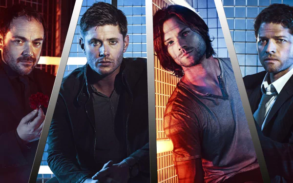 HD desktop wallpaper featuring characters from the TV show 'Supernatural,' showcasing four individuals in a dramatic, grid-like arrangement with varying light tones reflecting their intense expressions.