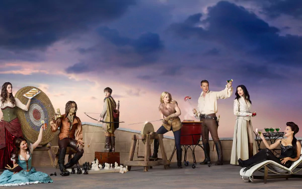 A vibrant HD wallpaper featuring the characters from the TV show Once Upon A Time, set against a dramatic sky, showcasing a blend of fantasy and adventure.