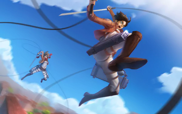 HD PC desktop wallpaper featuring Eren Yeager and Mikasa Ackerman from the anime Attack on Titan in dynamic action poses against a bright blue sky background.